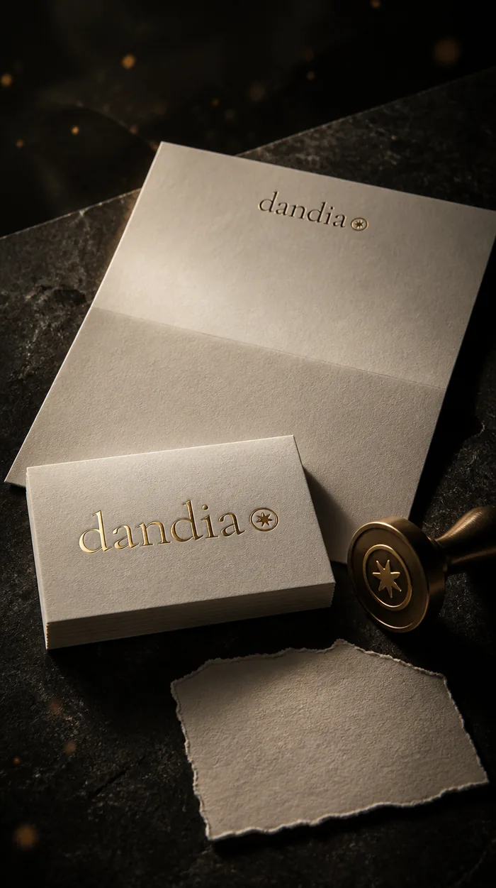Gold-foiled dandia business cards, letterhead and a wax stamp die on dark stone