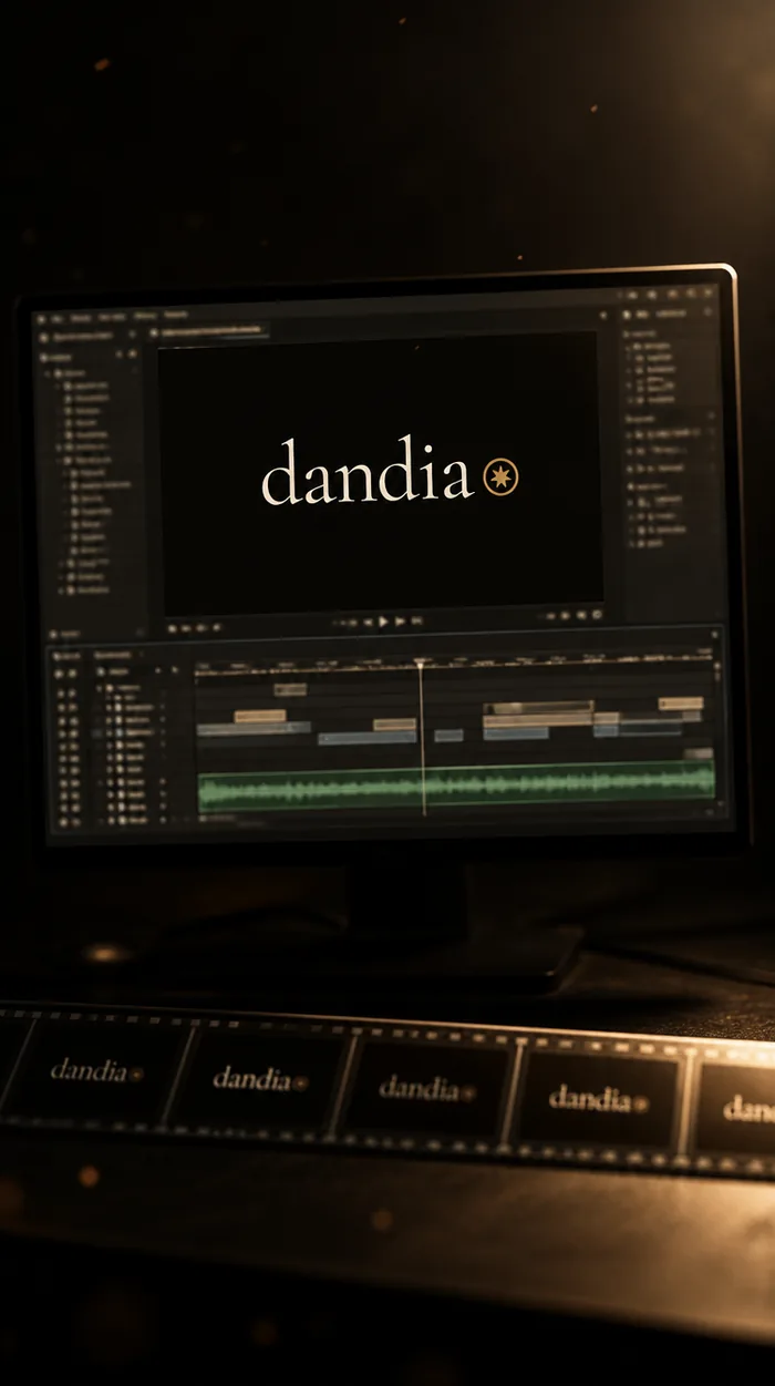 A dandia title card in an edit timeline, with a filmstrip on the desk below