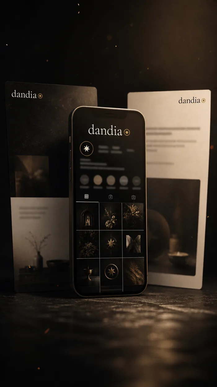 A dandia social profile grid on a phone with two presentation slides behind it