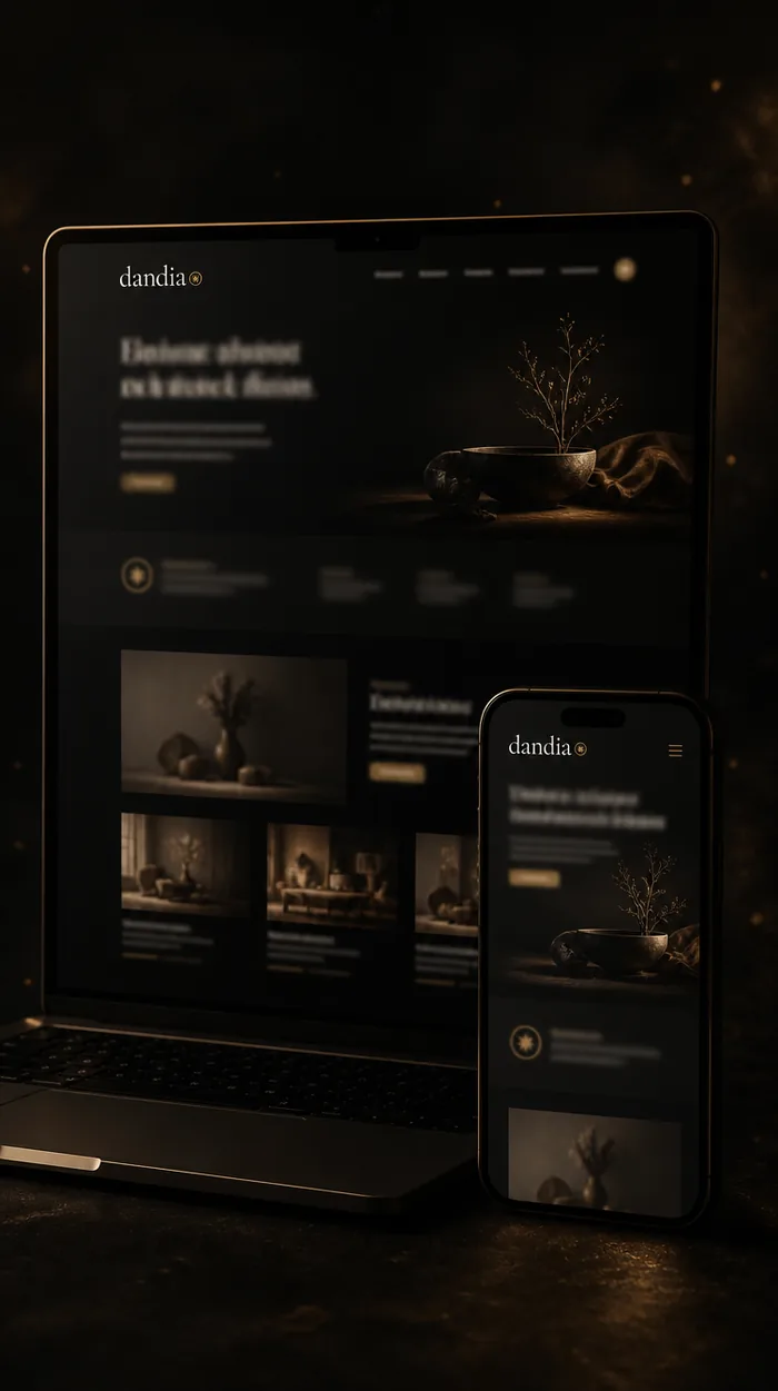 A dandia landing page shown on a laptop with its mobile layout on a phone alongside