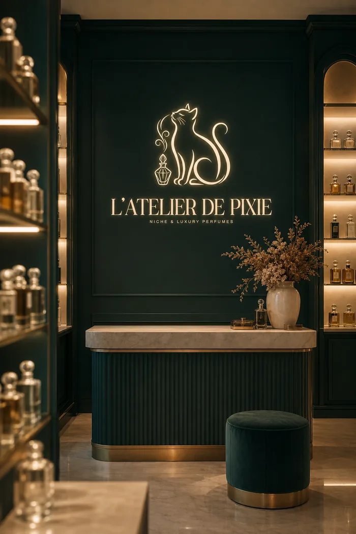 The L'atelier de Pixie boutique, its cat-and-flacon mark lit above the counter