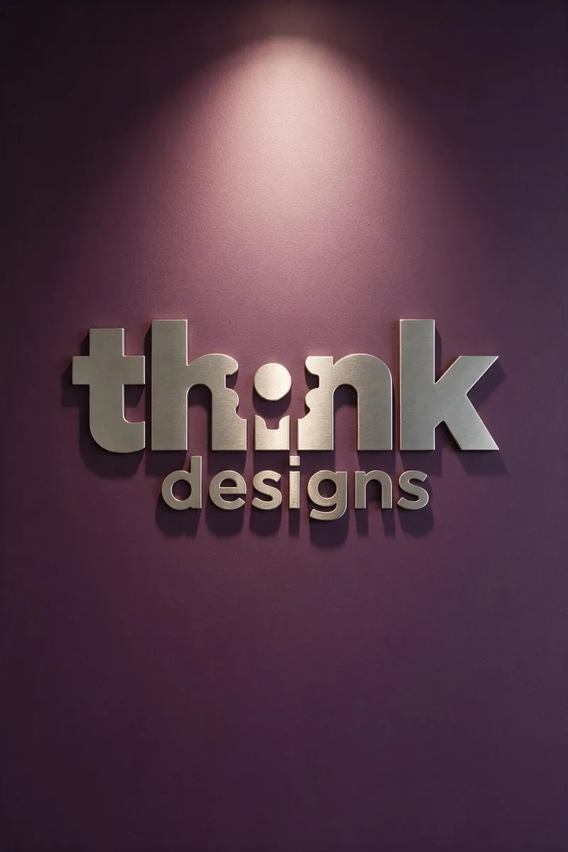 The Think Designs wordmark in brushed metal, lit by a single spotlight on their studio wall